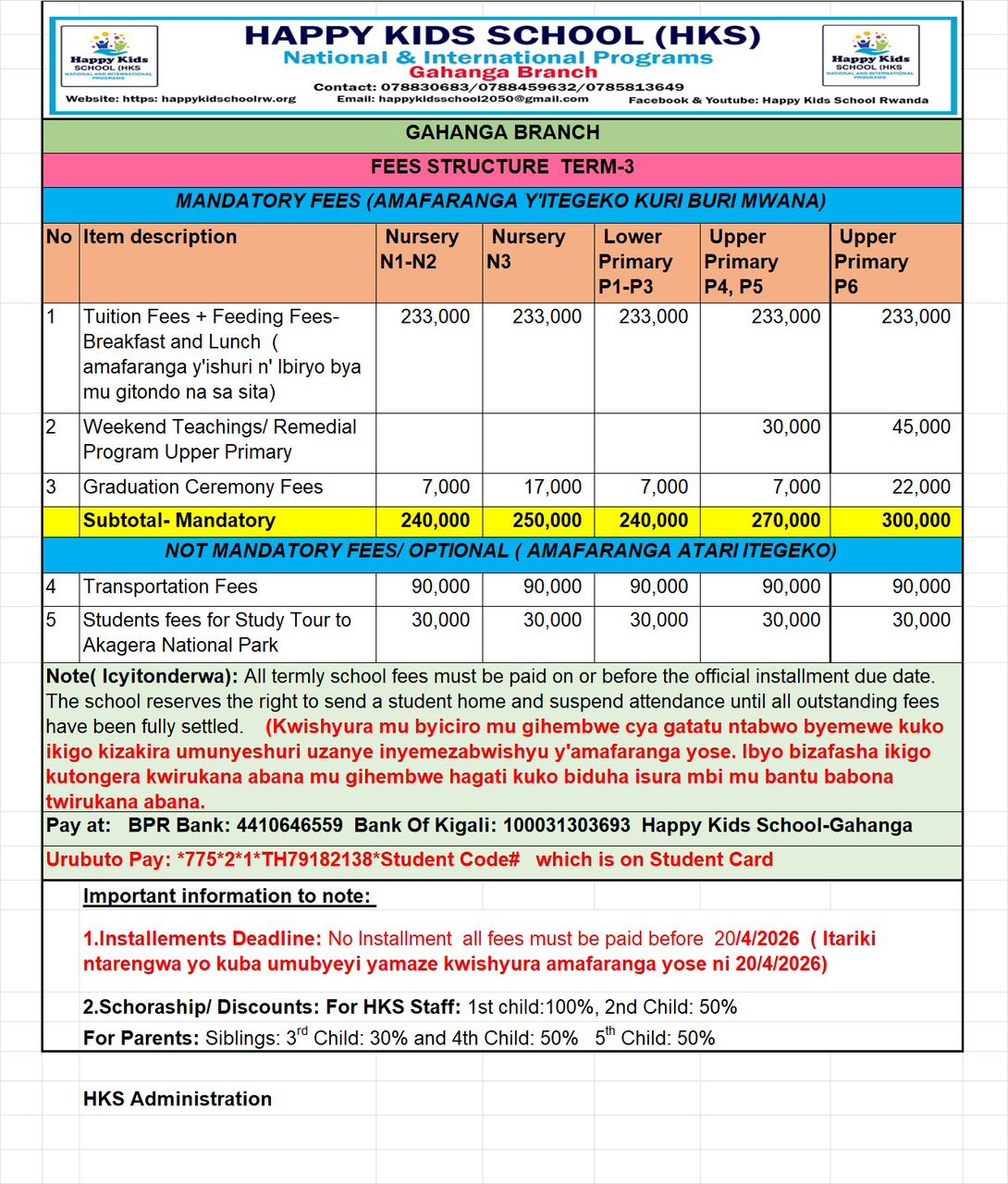 School fees Structure of Term 3 Gahanga