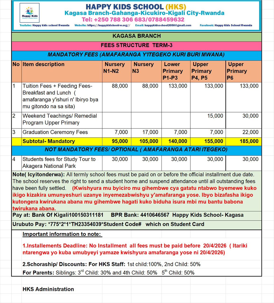 SCHOOL FEES STRUCTURE OF TERM 3 KAGASA